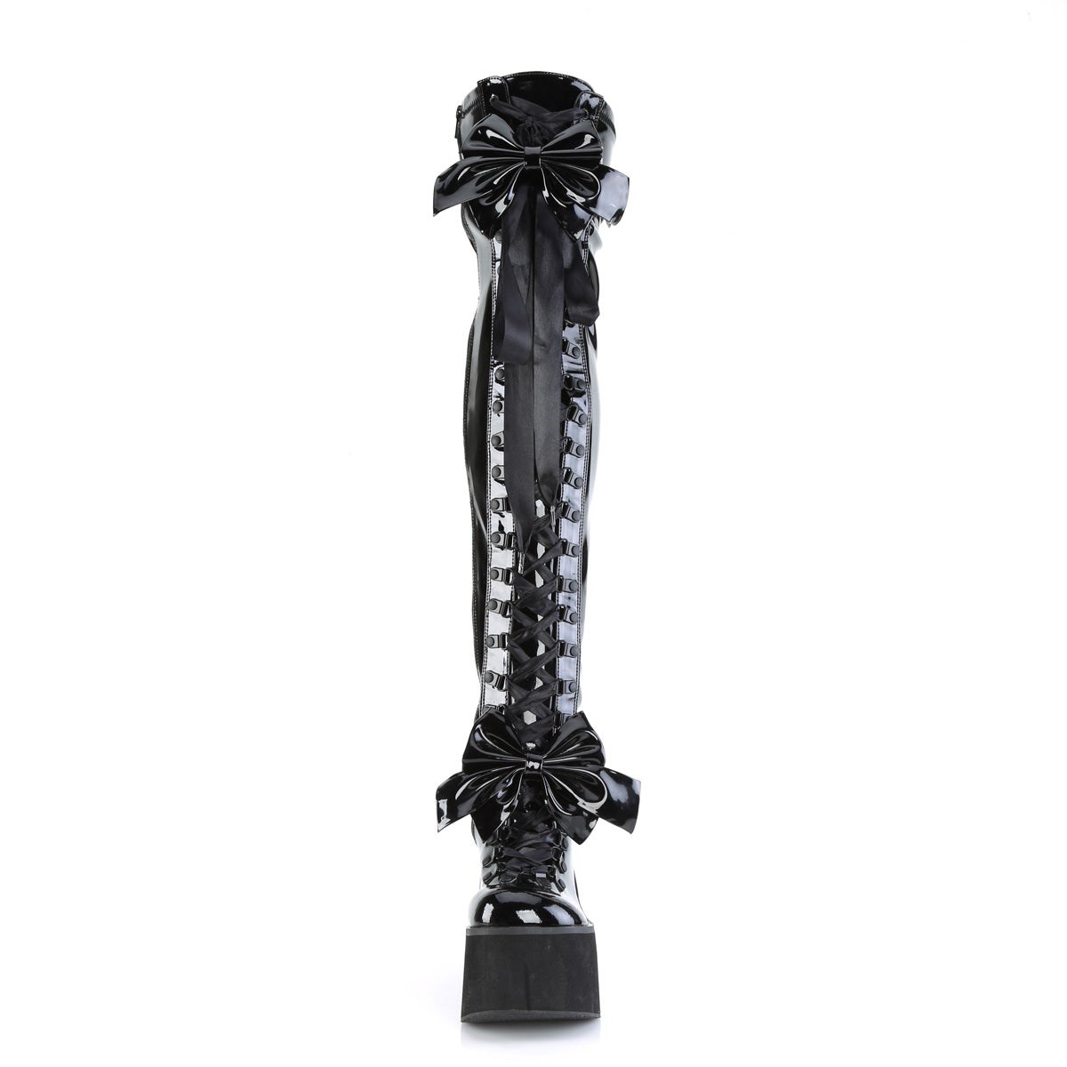 Botas Encima Rodilla Demonia Kera-303 Stretch Charol Mujer Negros | MX-0-LEX