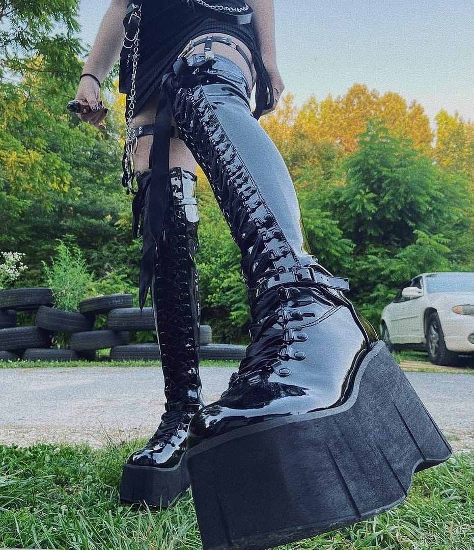 Botas Encima Rodilla Demonia Kera-303 Stretch Charol Mujer Negros | MX-0-LEX