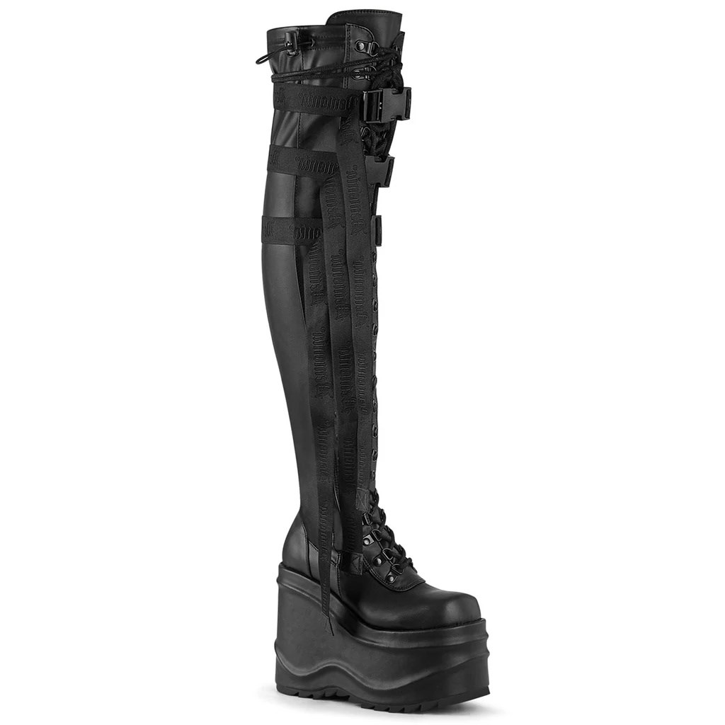 Botas Encima Rodilla Demonia Wave-315 Stretch Vegan Cuero Mujer Negros | MX-1-ENI