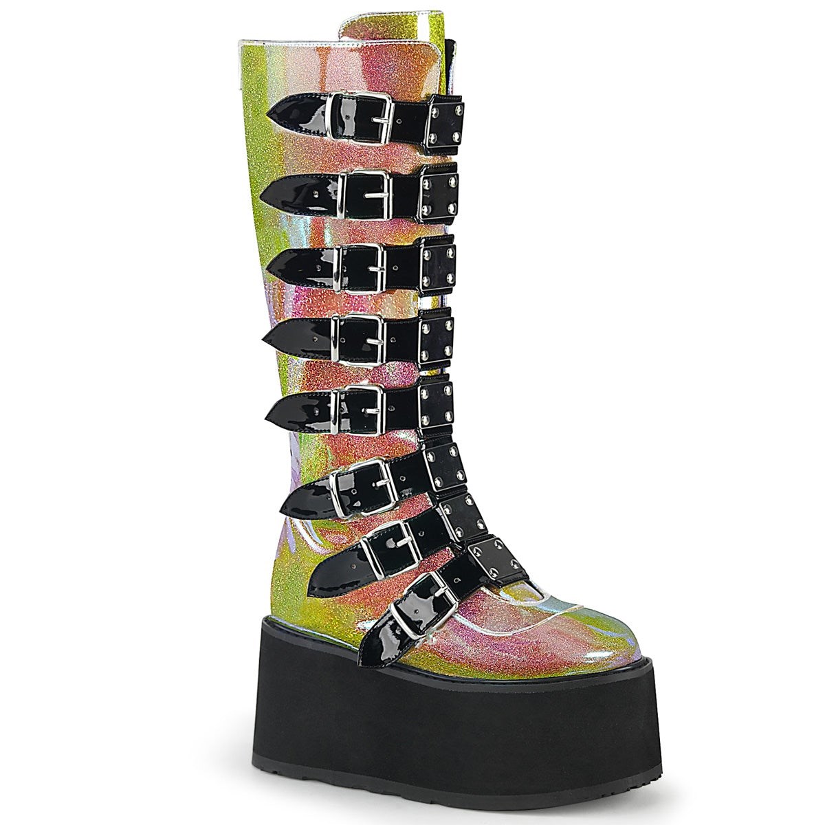 Botas Hasta La Rodilla Demonia Damned-318 Shifting Glitter Vegan Cuero Mujer Rosas | MX-3-ZWY