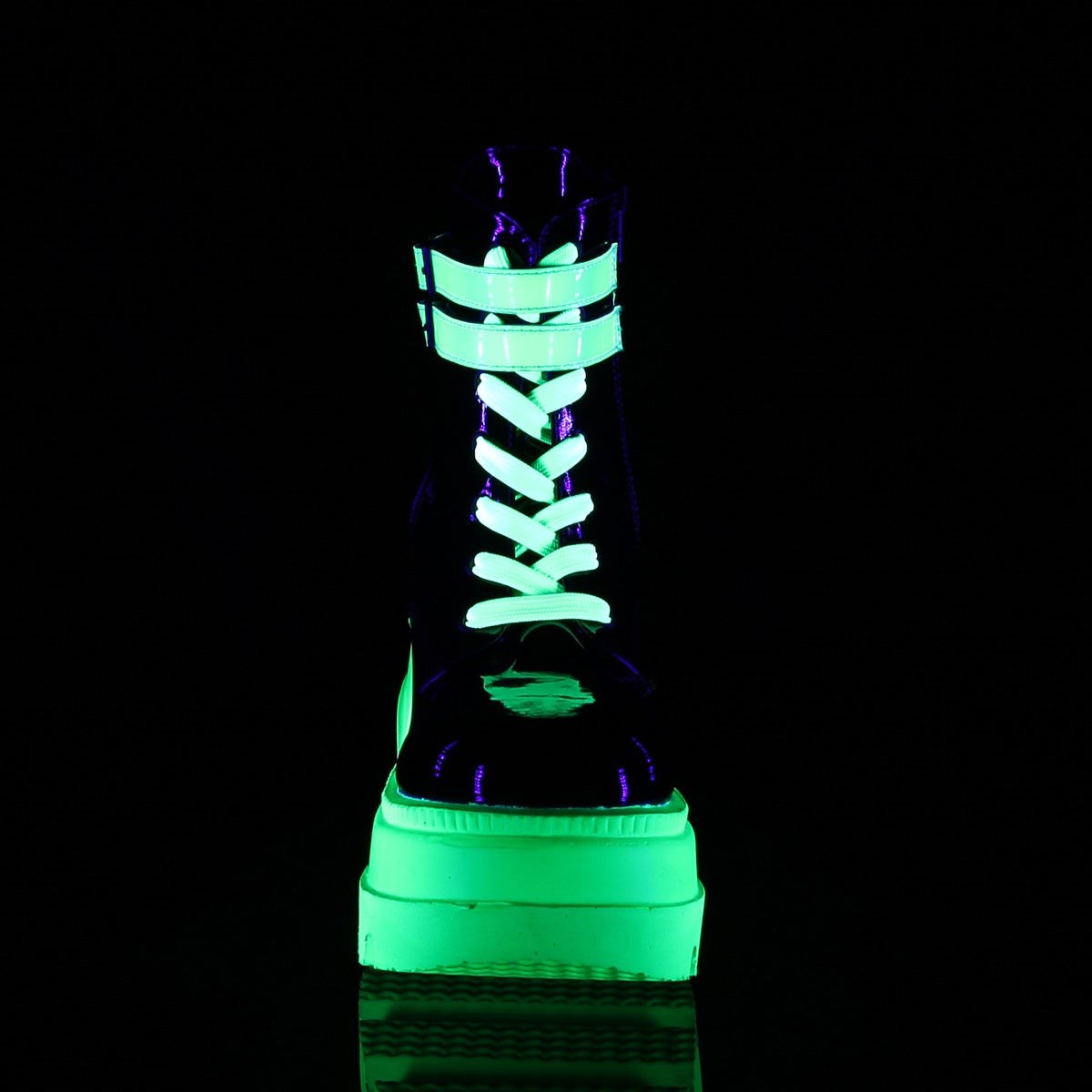 Botines Demonia Shaker-52 Charol-UV Neon Mujer Verdes Negros | MX-3-NLF