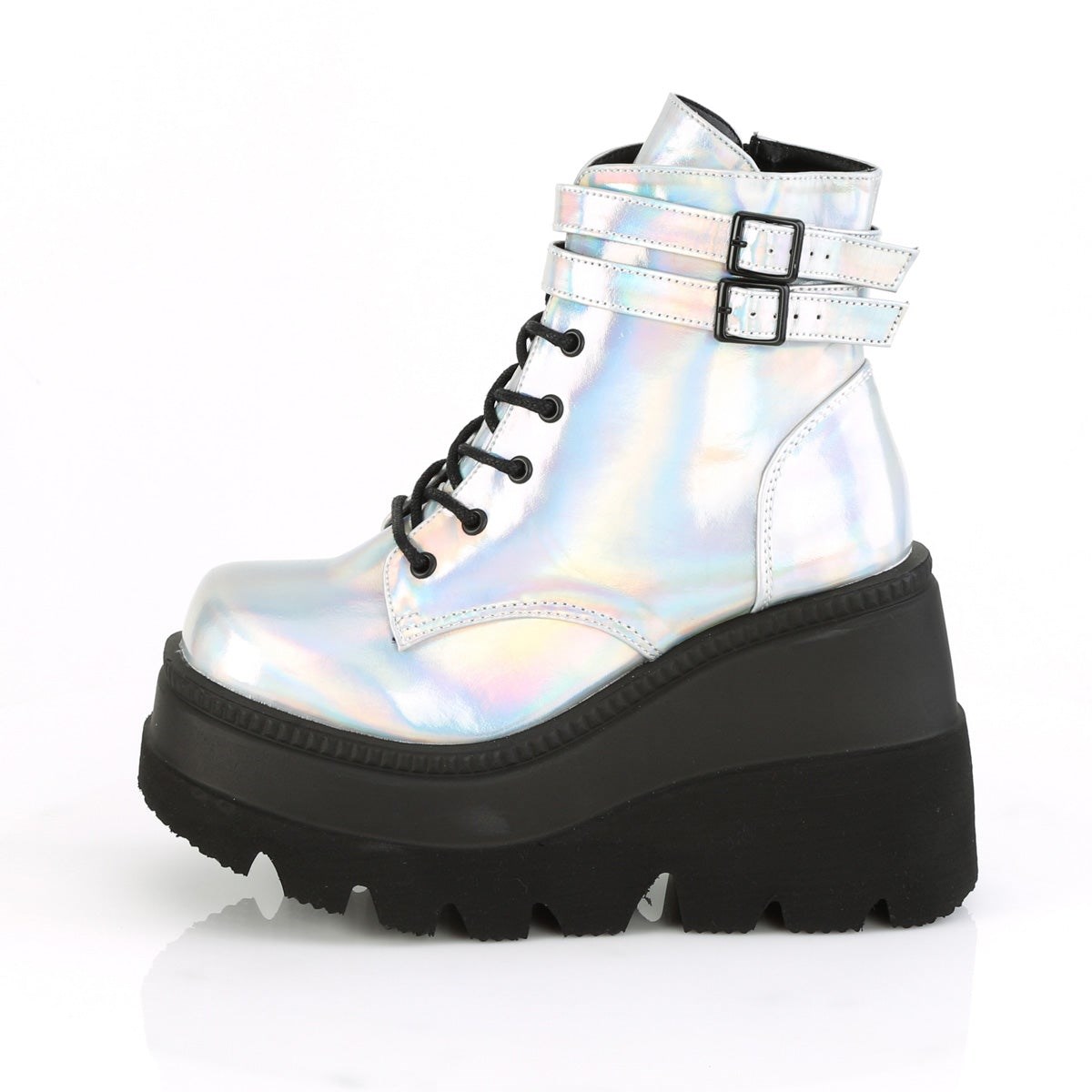 Botines Demonia Shaker-52 Hologram Mujer Plateados | MX-8-COB